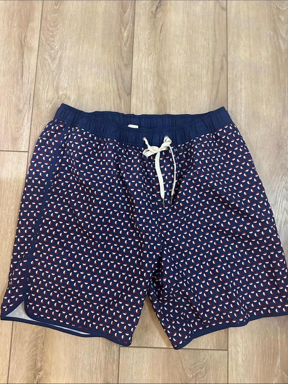 Fair Harbor Navy Swim Shorts with Red & White Print